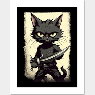 Oh Cat, murderous black cat with knife Posters and Art